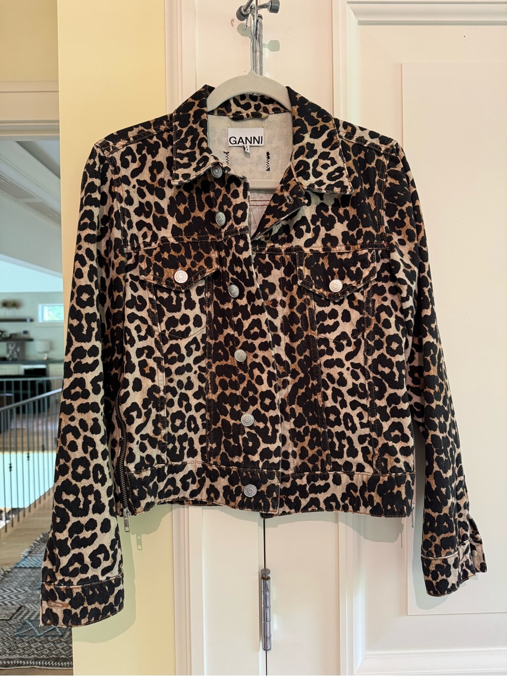 Ganni Leopard-Print Jean Jacket in Brown and Black